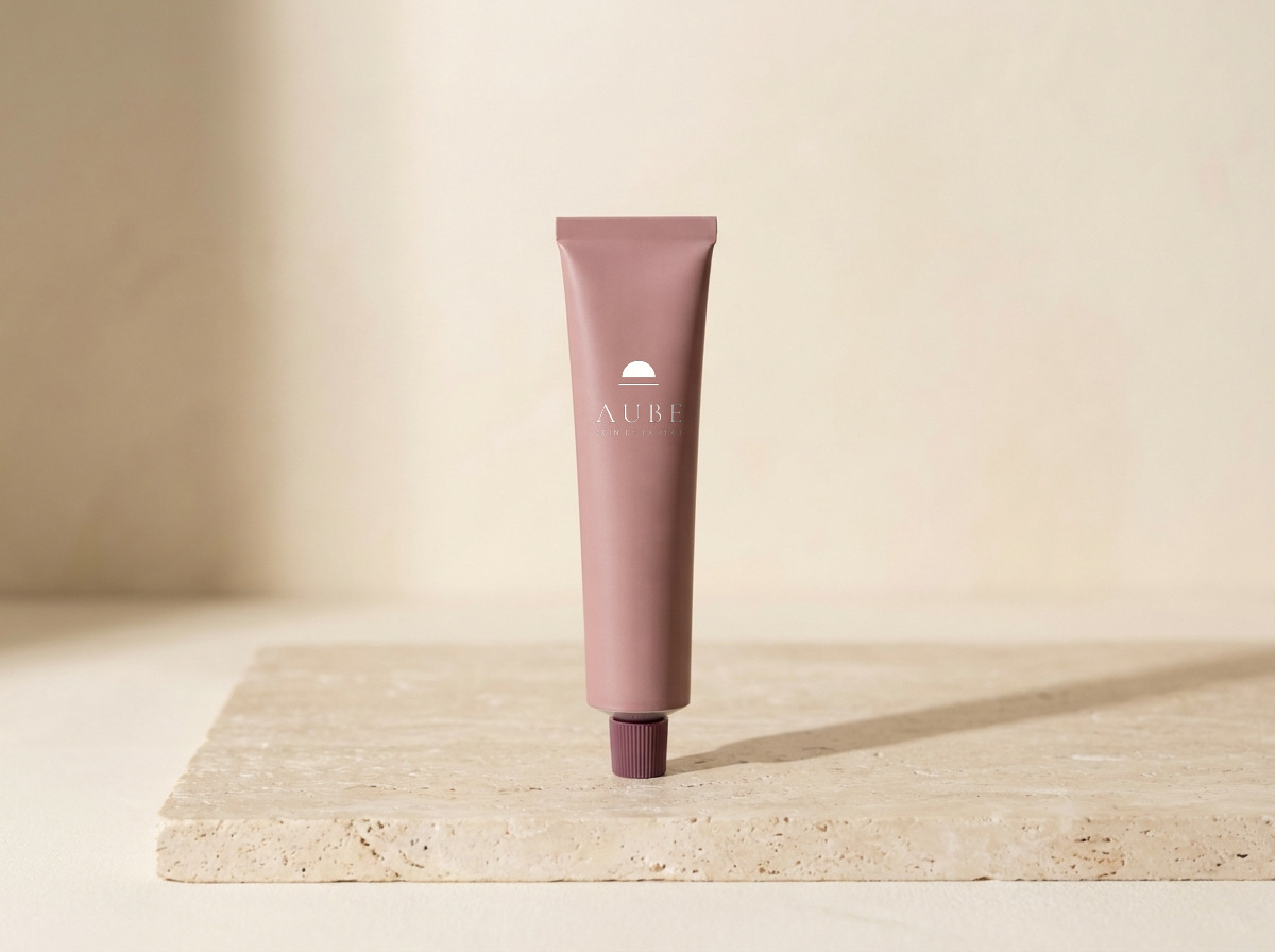 AUBE on a skincare tube